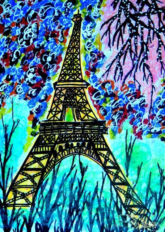 法国巴黎埃菲尔铁塔儿童蜡笔画图片
