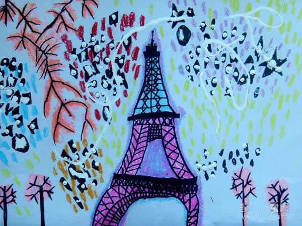 法国巴黎埃菲尔铁塔儿童蜡笔画图片