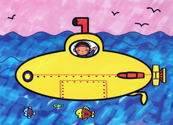 坐潜水艇到海底畅游的儿童画/水彩画图片