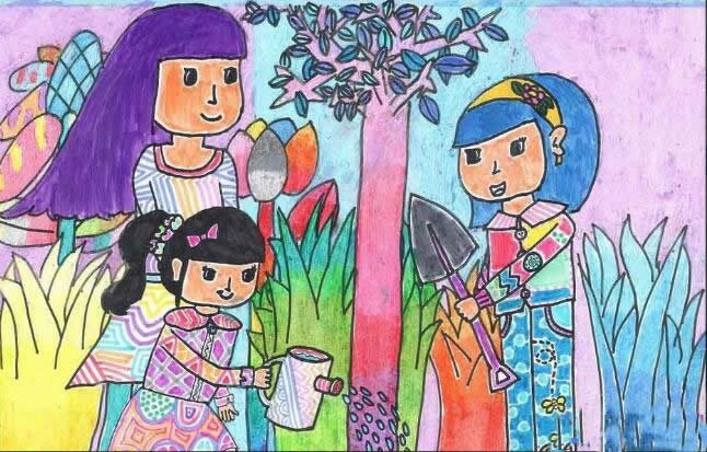 春天植树主题儿童画小学生优秀作品