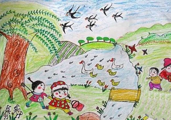 画一幅春天的儿童画:一起去春游/水彩画图片