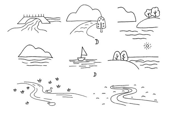 一组河流简笔画的画法步骤图解