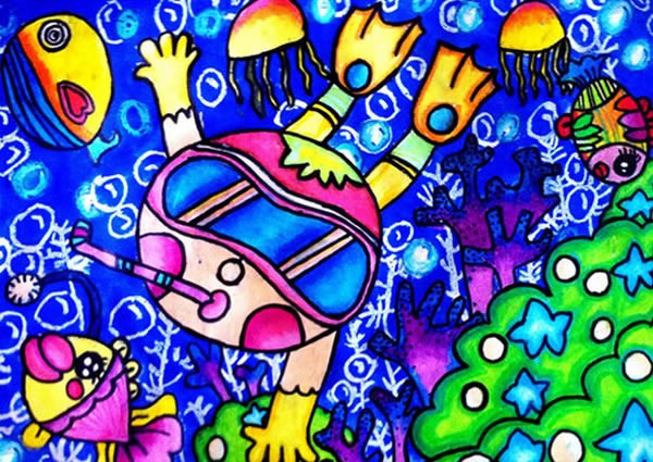 海底世界主题儿童画：海底潜水/水彩画图片