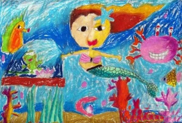 儿童蜡笔画海底世界作品欣赏_美人鱼公主