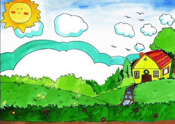 乡村风景画简单四年级图片