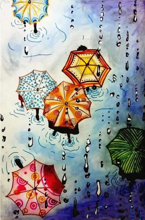 下雨天儿童画教师范画 儿童下雨天图画