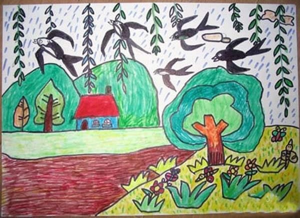 春天柳树燕子儿童画 画一幅春天的画