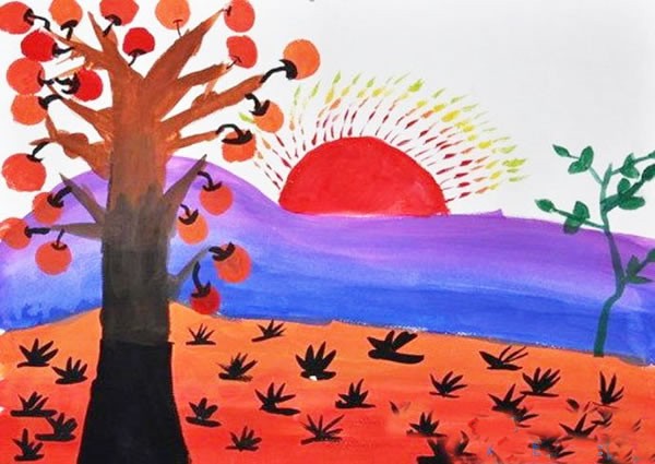 美丽的日出风景儿童画 秋天的风景画小学生作品欣赏