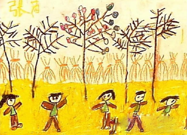 画一幅美丽的秋天的画 秋天儿童画一年级/油棒画图片