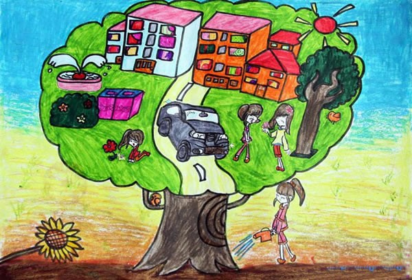 和谐绿色梦想家园儿童画 我心目中的绿色家园画