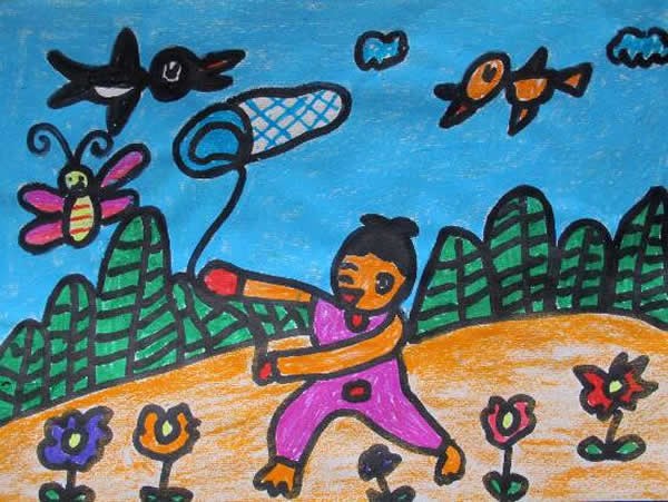 儿童画春天的图片 郊外捕蝴蝶/水彩画图片