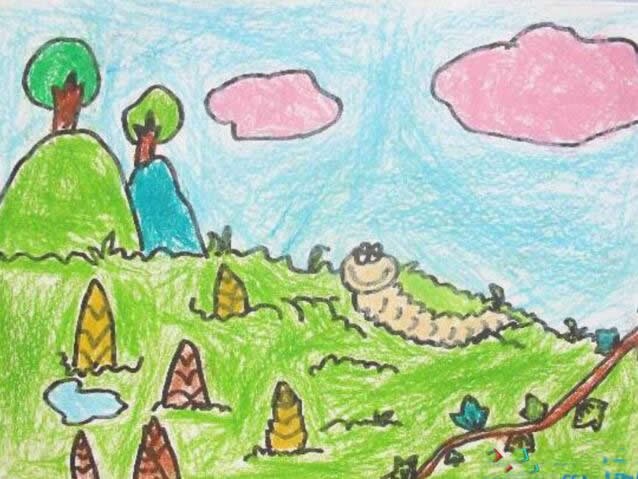一幅简单的小学生春天风景儿童画/蜡笔画图片