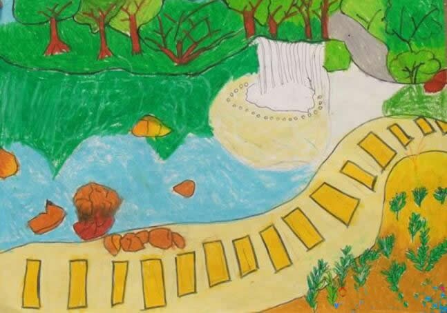 公园的一角儿童风景画/油画棒画图片