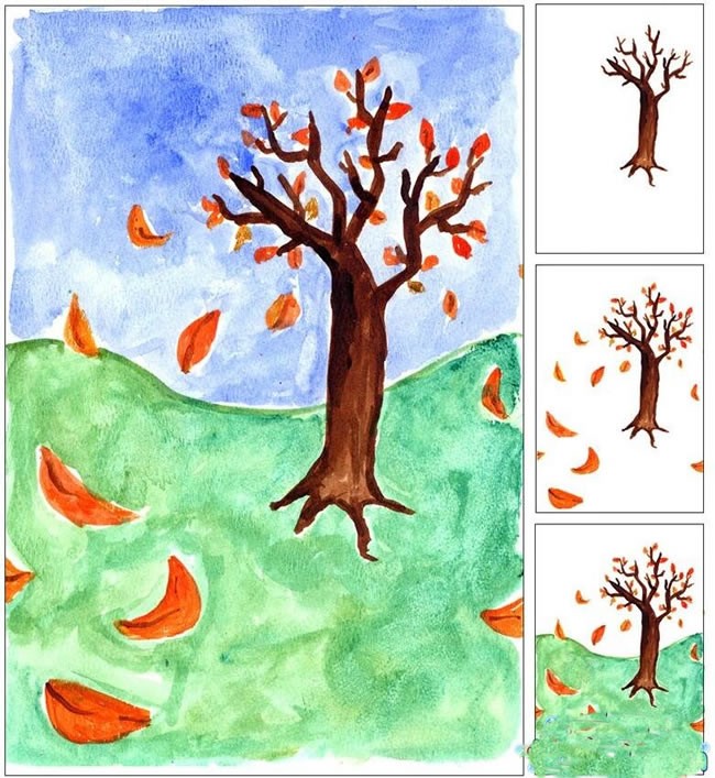 秋天的落叶大树儿童画教程 一步一步教大家画秋天的大树水彩画