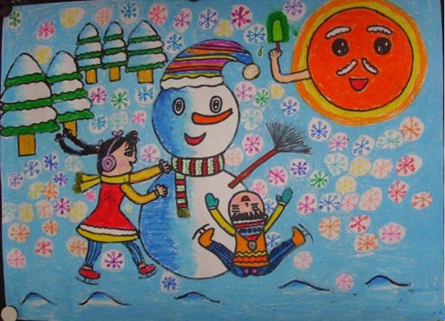冬天两个小孩堆雪人简单儿童画