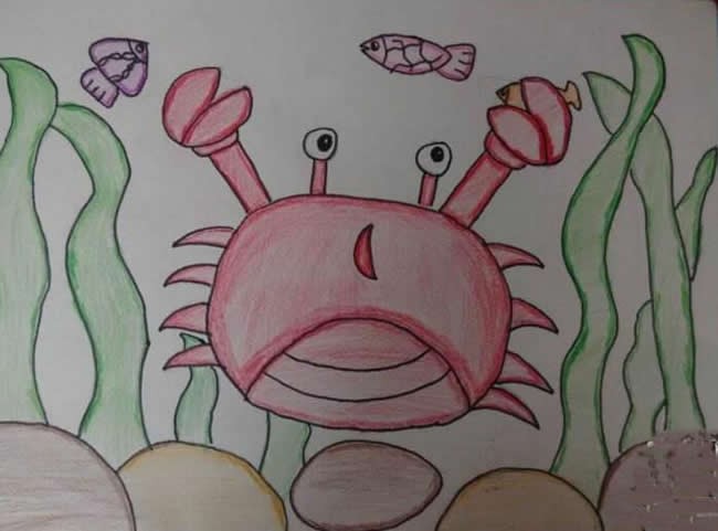 海底世界螃蟹优秀蜡笔画图片 - 简单海底世界儿童画