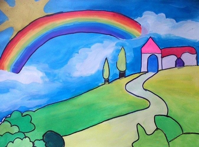 彩虹下的小乡村风景儿童画作品