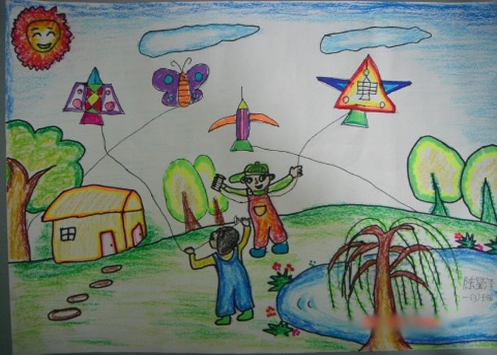 关于春天放风筝的儿童画一年级绘画作品