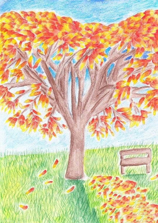 秋天的大树儿童画  秋天的落叶大树儿童画