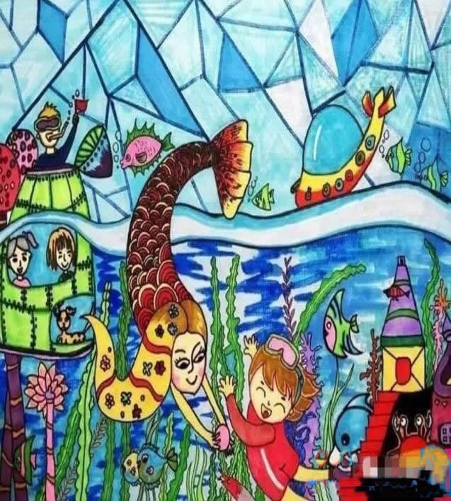 奇妙的海底世界儿童画优秀作品 - 我和美人鱼