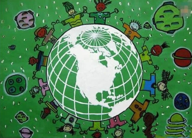 手拉手绿色环保地球儿童画图片