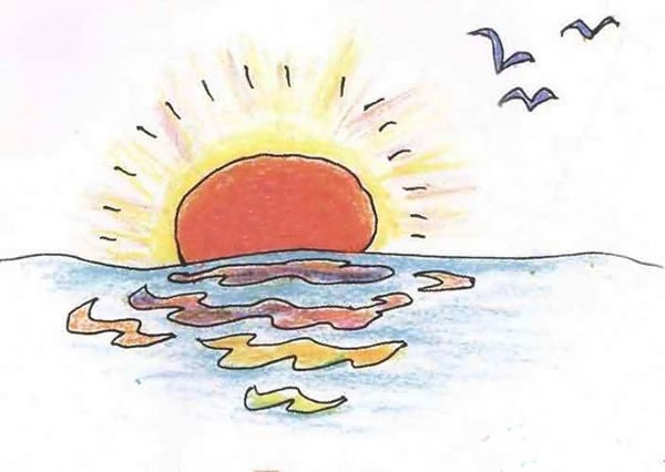 海上日出图片儿童画 小学生海上日出暖色系蜡笔画
