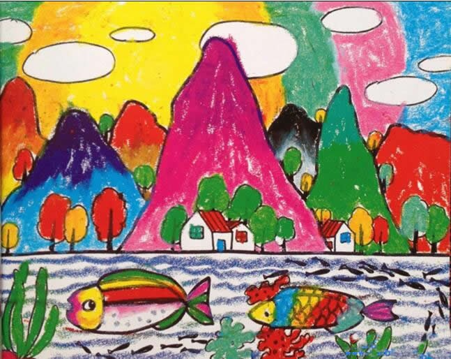 小学生美丽的乡村儿童风景画水彩作品