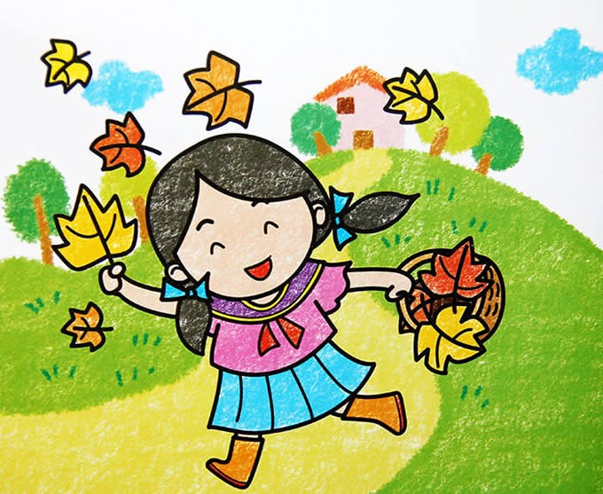 关于秋天的儿童画绘画：秋天到了/蜡笔画图片