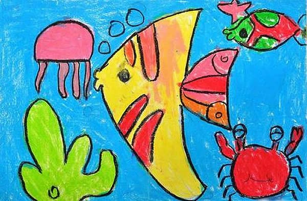 简单漂亮的海底世界儿童画作品 - 海底的动物们
