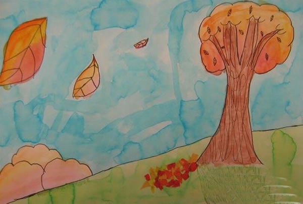 秋天的落叶风景儿童画/彩铅画图片