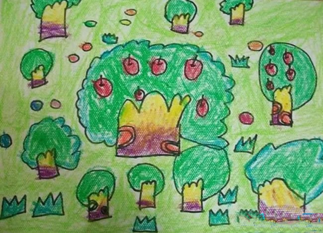秋天果园丰收的儿童画/蜡笔画图片