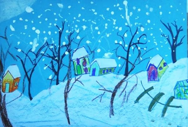 冬天的雪景儿童画简易_大雪纷飞的景色怎么画