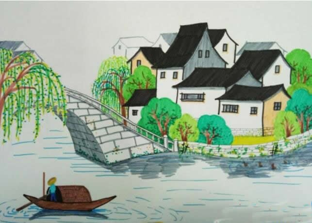 江南水乡儿童画图片 小桥流水人家江南水乡风景绘画作品欣赏