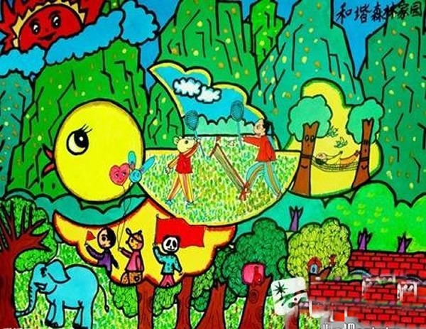 小学生绿色家园主题儿童画：和谐森林家园
