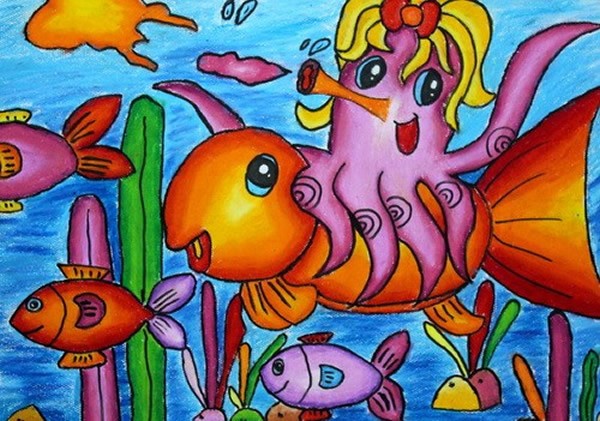 海底世界创意儿童油画棒画作品之快乐的章鱼