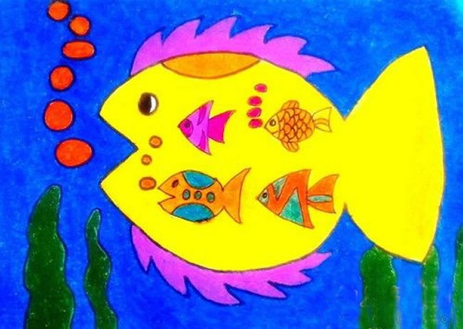 海底吐泡泡的漂亮五彩鱼儿童画