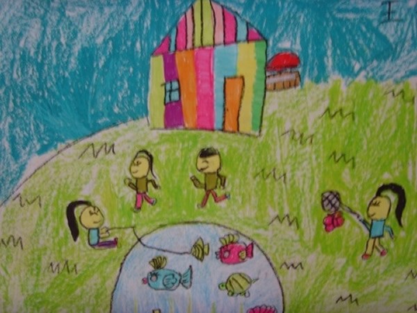 关于春天的儿童画简单:快乐的春游/蜡笔画图片