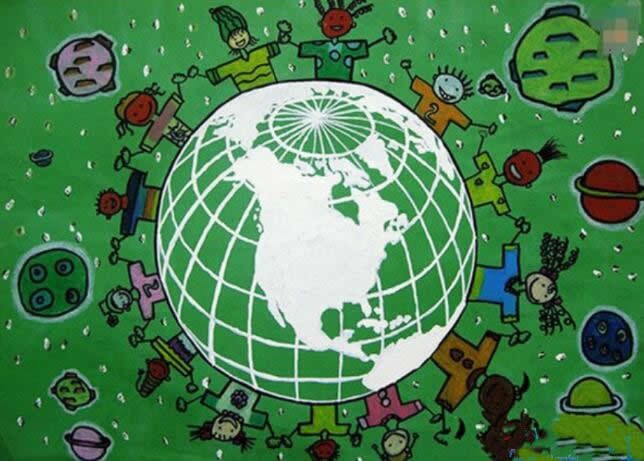 儿童画全球儿童手拉手保护地球主题画