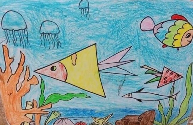 可爱的海底世界儿童蜡笔画