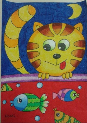 小花猫的期盼-中秋节儿童画作品