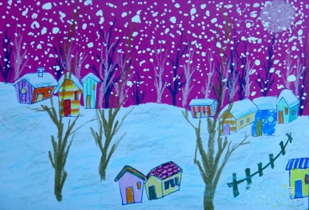 一组下雪了夜晚雪景儿童画