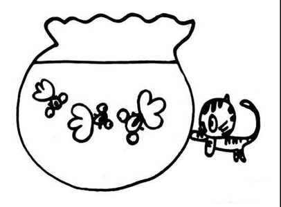 儿童简笔画：小猫戏鱼缸里的金鱼