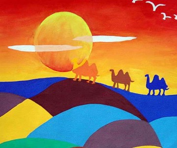 沙漠夕阳风景儿童水彩画