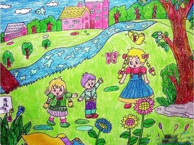 春天放风筝的儿童画一年级