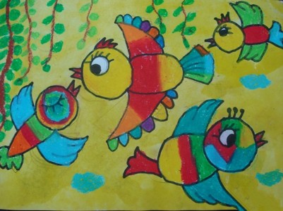 孩子们自画四只小鸟的简笔画