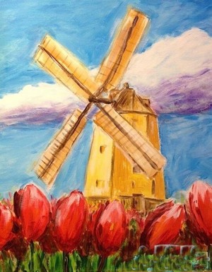 风车和郁金香荷兰风景画作品欣赏