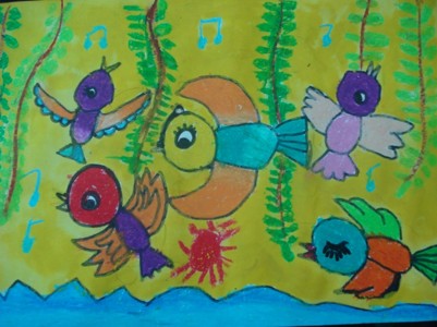 数字油画-柳叶下的小鸟