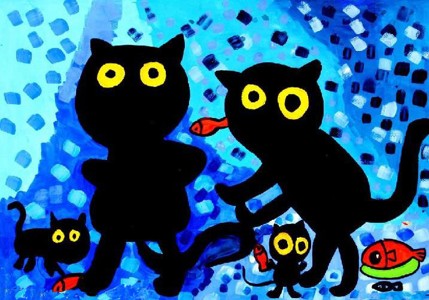 水彩画-小猫吃鱼