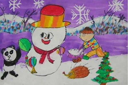 一起堆雪人儿童画