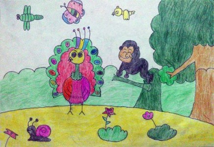 蜡笔画-孔雀与猴子